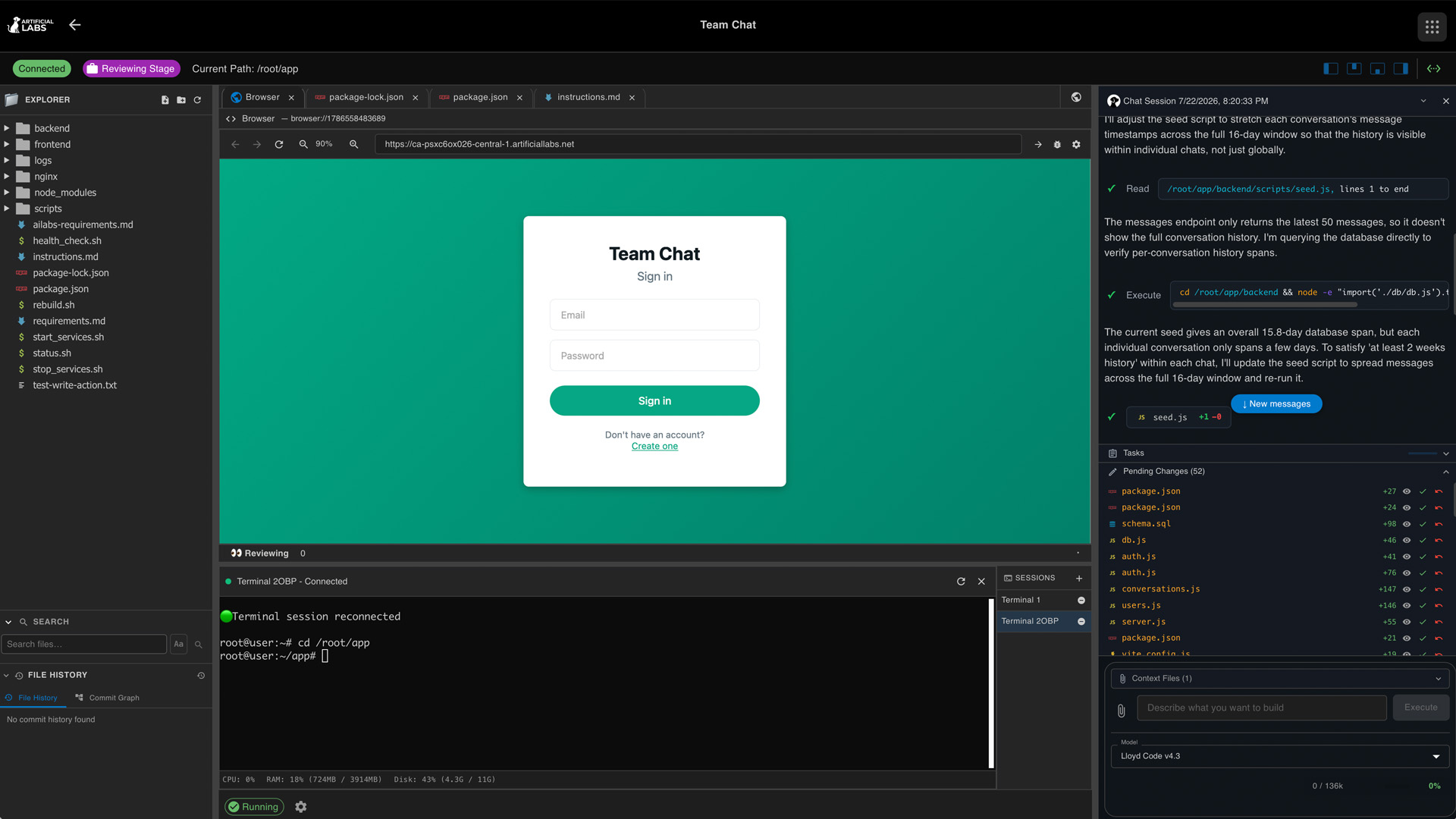 Artificial Labs web IDE showing a live agent run with editor and browser preview